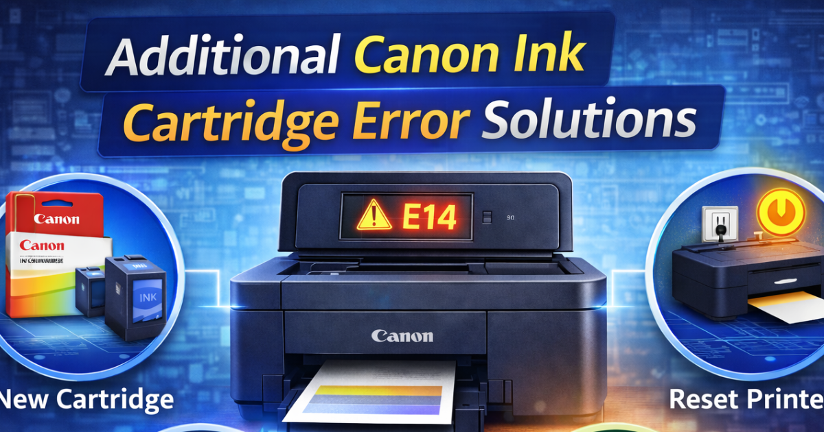 Canon printer showing E14 error with steps like replacing cartridge, resetting printer, updating firmware, and checking compatibility.