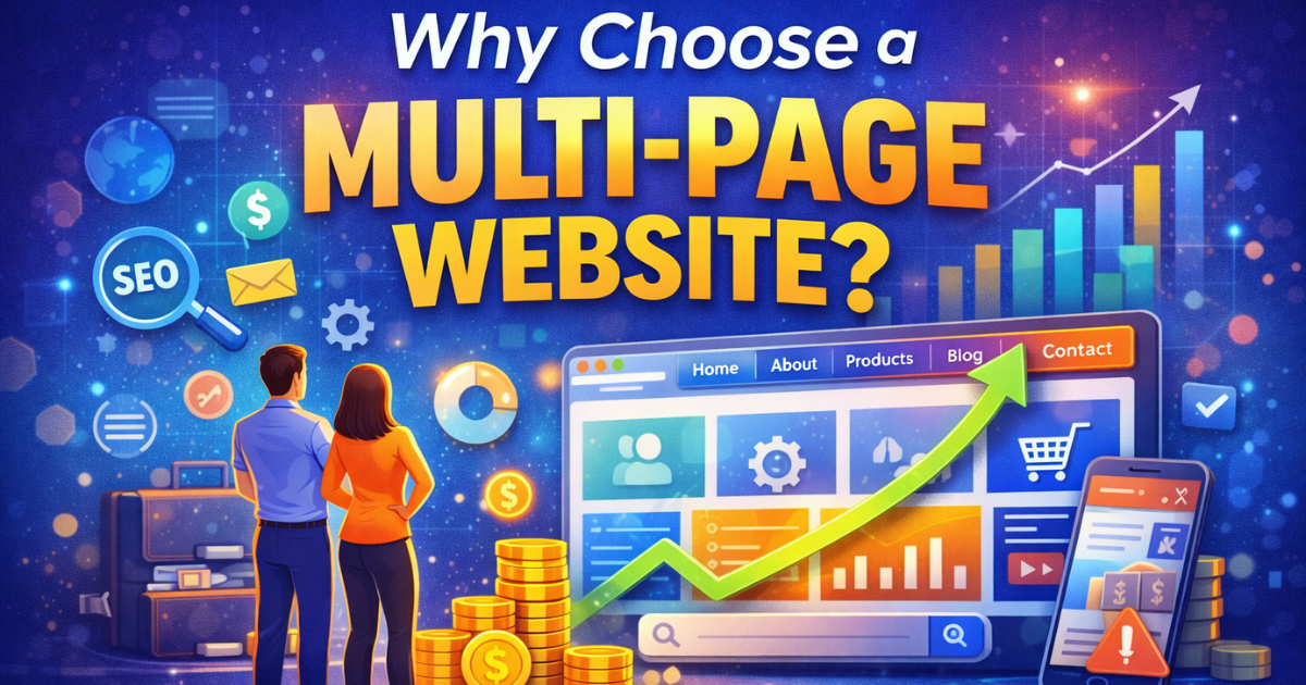 Illustration of a multi-page website with SEO icons, growth chart, and upward arrow showing business growth benefits.