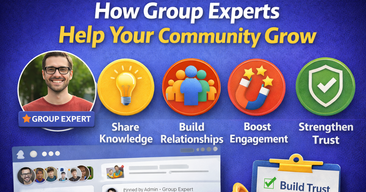 Infographic showing how group experts help grow a Facebook community through knowledge sharing, engagement, and trust.