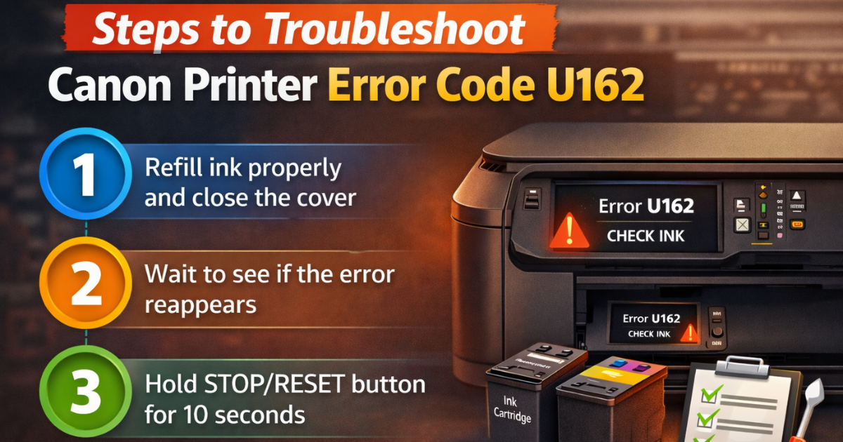 Steps to troubleshoot Canon Printer Error Code U162 showing check ink error and reset process
