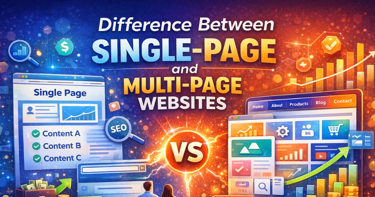 Side-by-side illustration comparing single-page and multi-page websites with SEO icons, growth charts, and pros list.