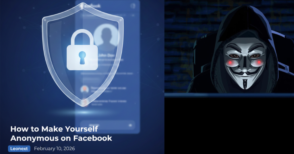 A digital illustration featuring a glowing translucent privacy shield with a padlock icon centered over a blurred Facebook profile interface. The bottom left corner includes the article title "How to Make Yourself Anonymous on Facebook" with author Leonext and the date February 10, 2026.