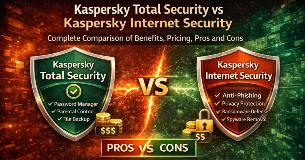 Kaspersky Total Security vs Internet Security benefits comparison infographic.