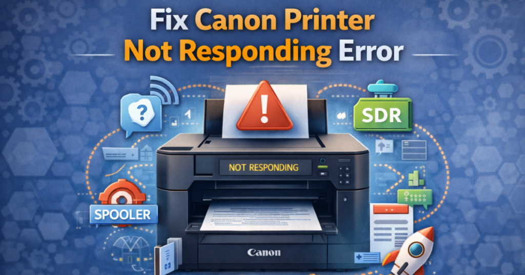 Canon printer showing not responding error with troubleshooting icons around it.