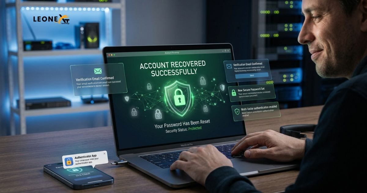 User recovering a hacked Facebook account by resetting the password and verifying identity.