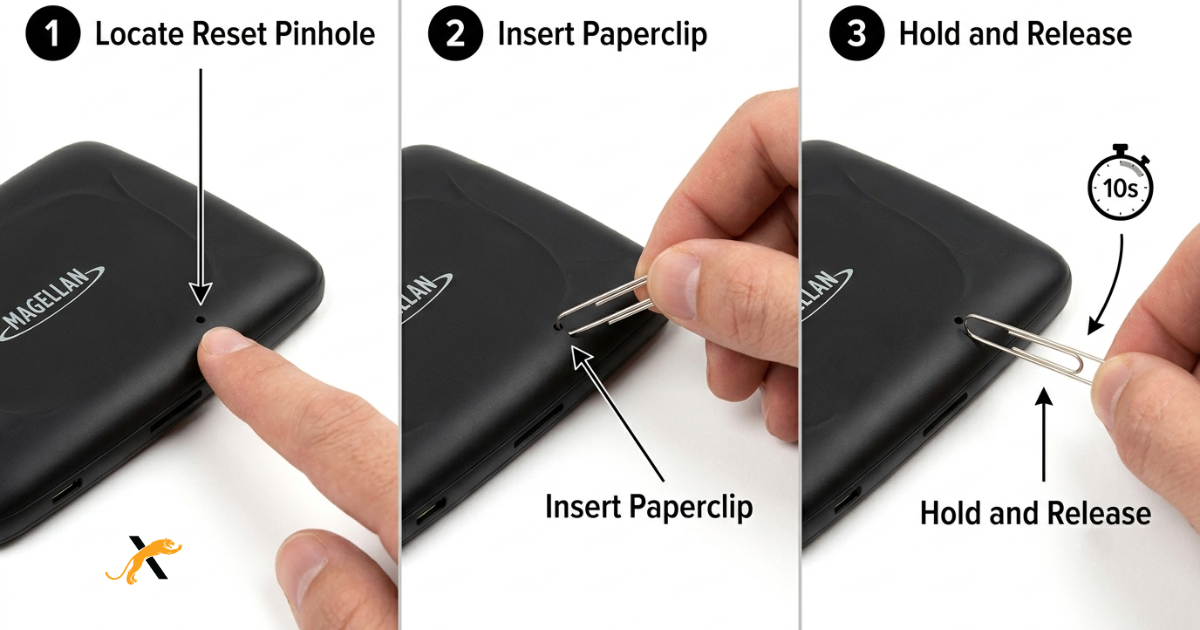 Steps to reset a Magellan GPS with a paperclip