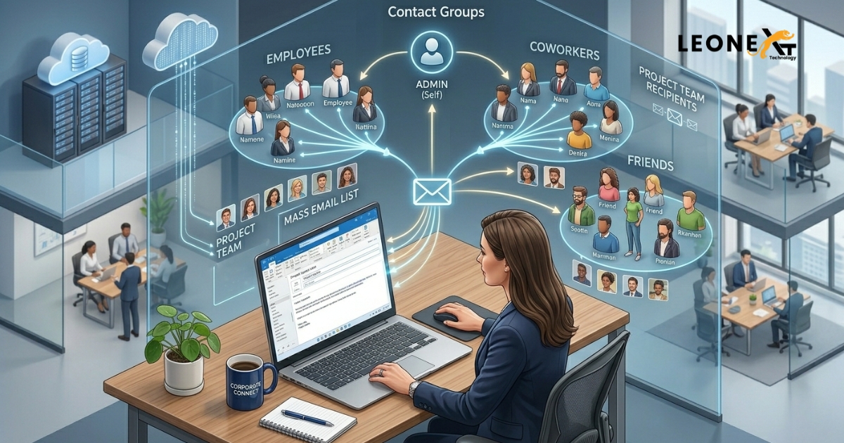 3D illustration showing an Outlook contact group sending one email to multiple recipients instantly.