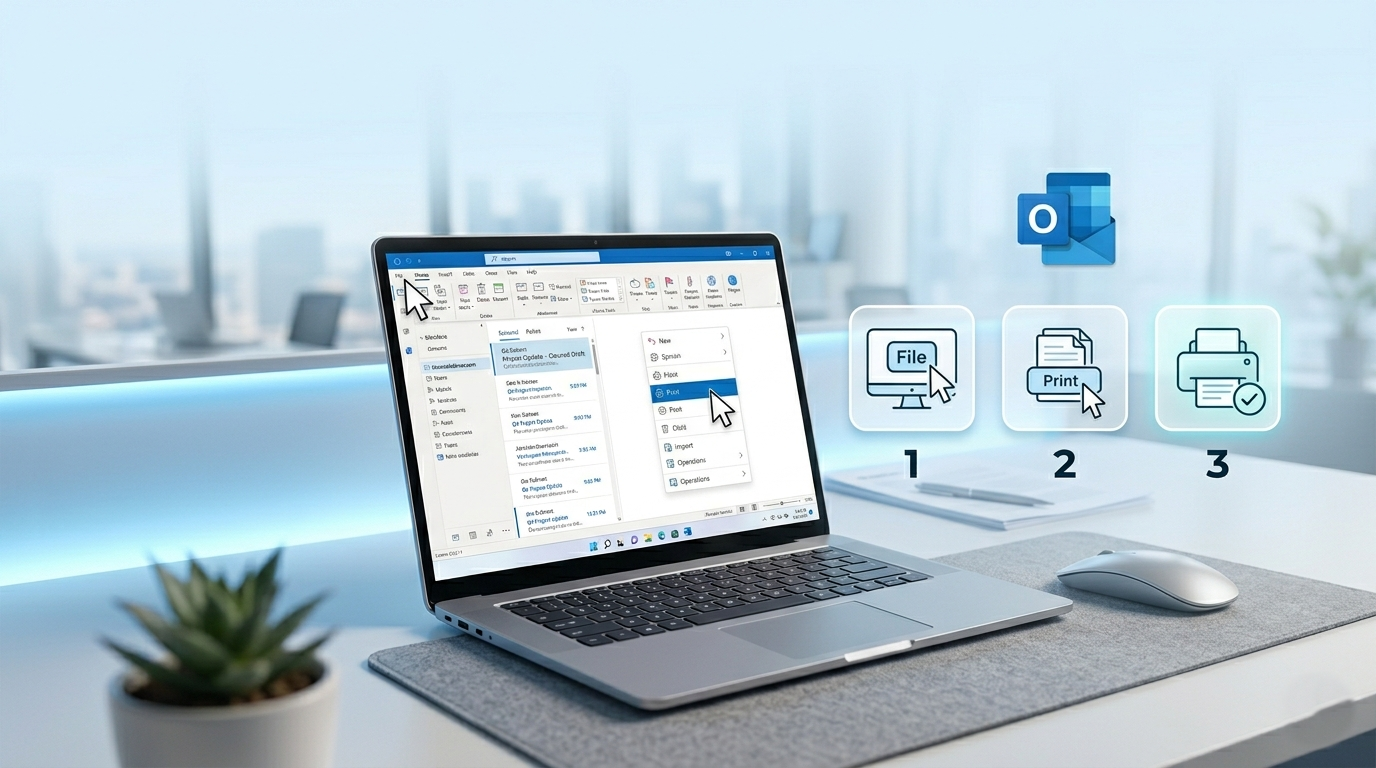 Outlook inbox screen showing print settings with a user selecting the print option.
