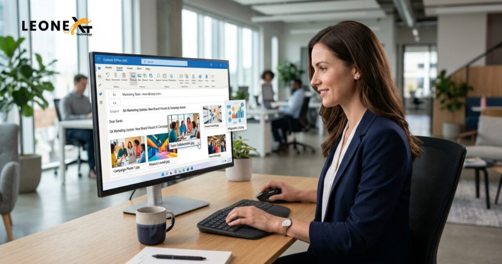 Person inserting pictures into an Outlook email on a modern desktop computer in an office workspace.