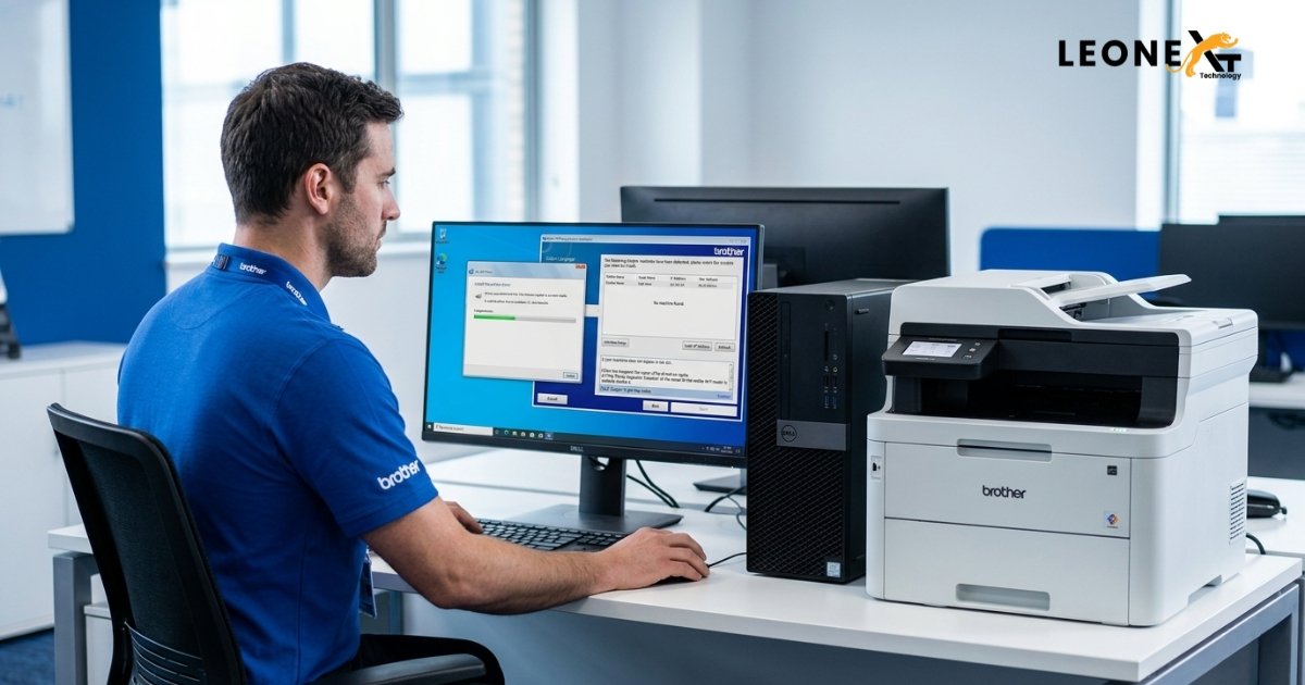 User troubleshooting Brother printer driver errors with connected USB cable and printer support interface.
