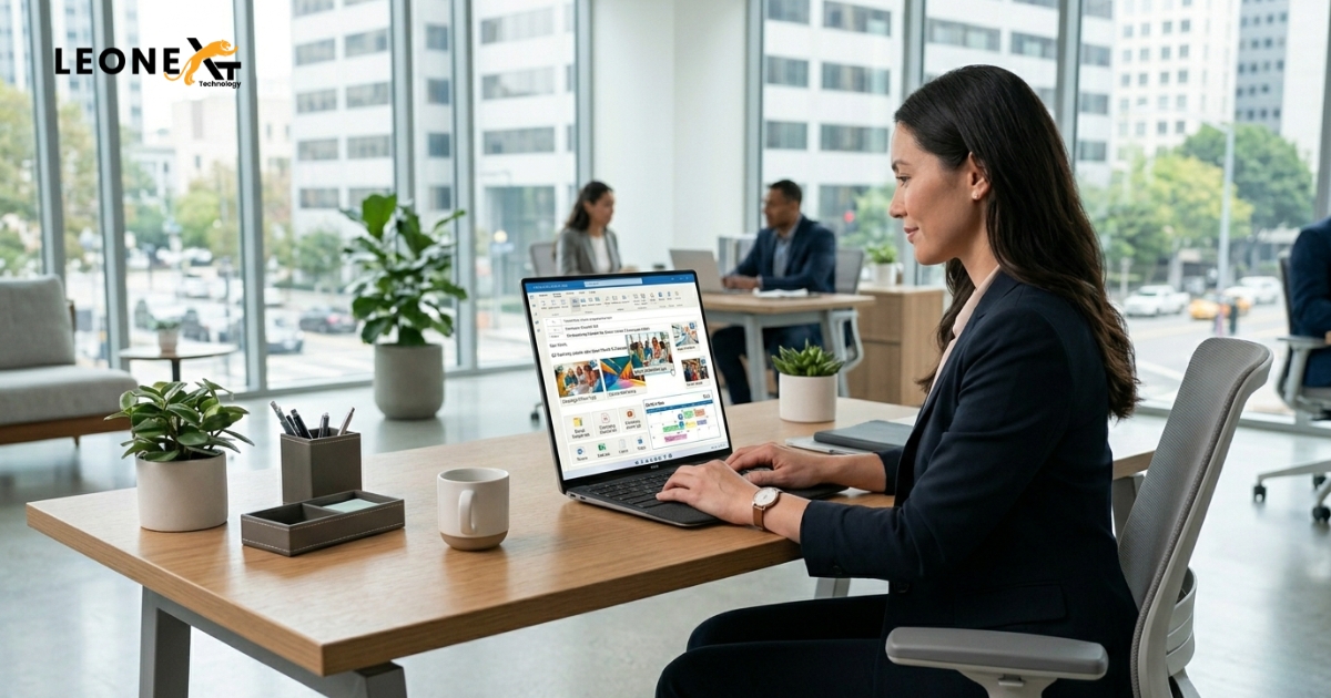 Laptop displaying an Outlook email draft with inline pictures and attachments in a professional workspace.