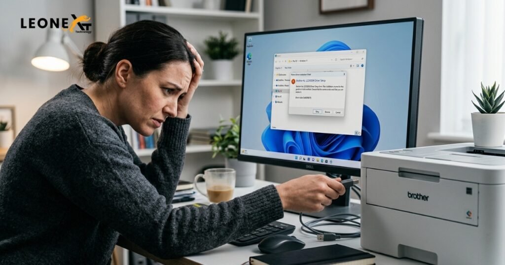 Brother printer driver installation setup on a Windows desktop in a modern office workspace.