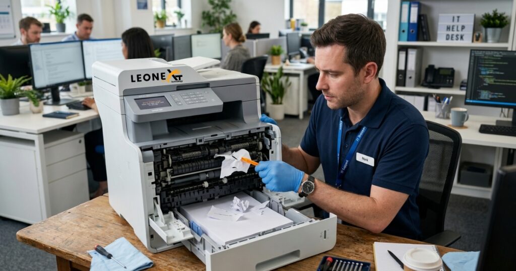 Office worker removing jammed paper from Brother printer with open tray in modern workspace.