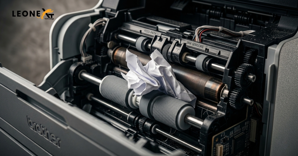 Close-up of printer rollers with crumpled paper stuck inside Brother printer during repair process.