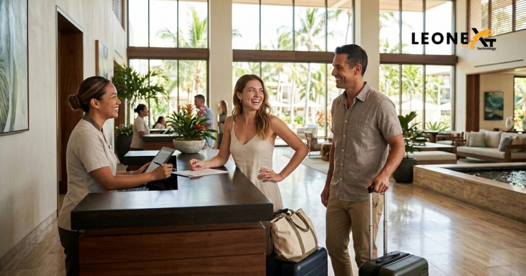 Travelers checking into a luxury resort booked through Club Resorto