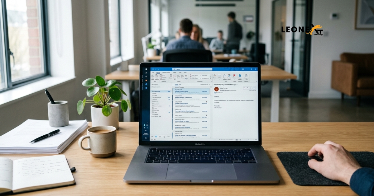 A split-screen scene showing Outlook email cleanup on desktop and smartphone, user selecting multiple emails for deletion, inbox organization concept, modern tech interface, blue and white color palette, productivity and digital decluttering theme, realistic hands interacting with devices, sleek minimal background, high-detail realistic illustration.