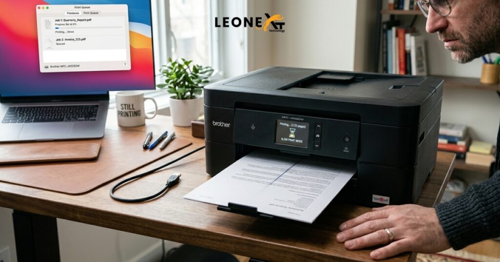 Frustrated user waiting for a Brother printer printing documents slowly in a modern home office setup.