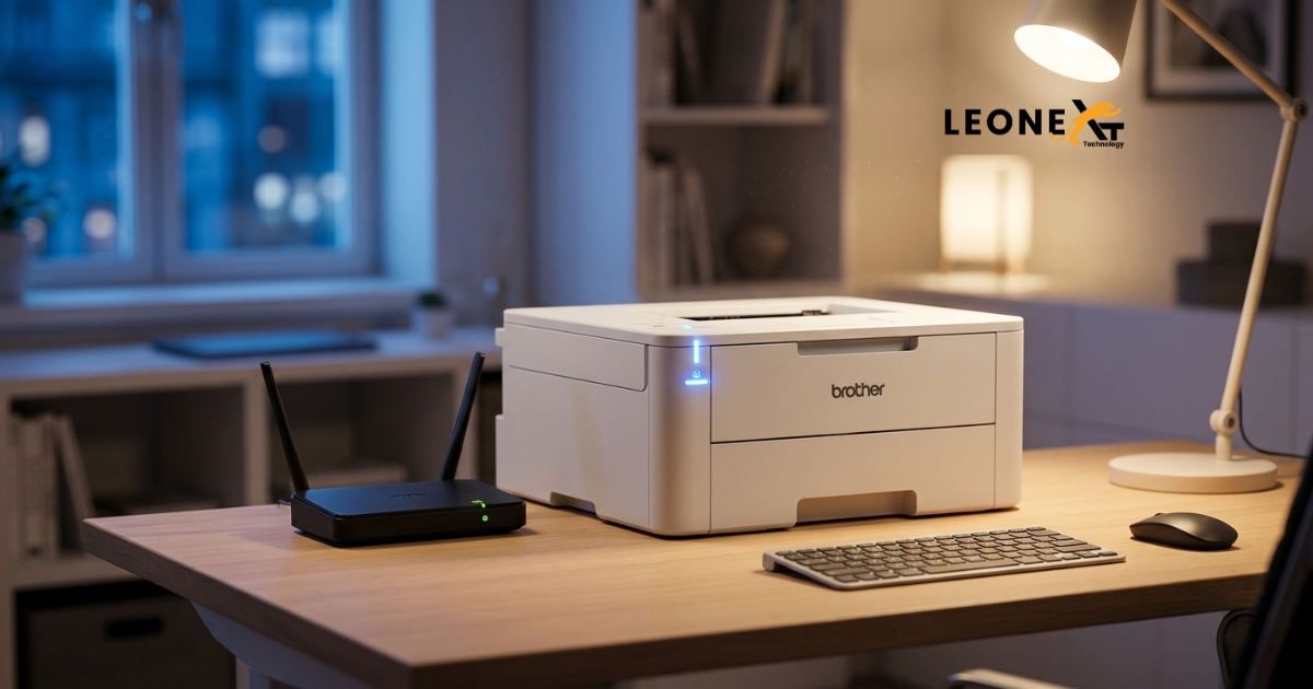 Brother printer connected to Wi-Fi router on a home office desk