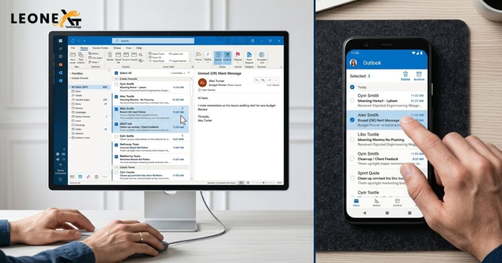 Split-screen view of a desktop and smartphone deleting multiple Outlook emails to organize and clean up the inbox efficiently.