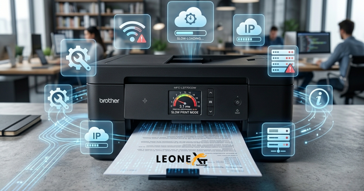 Wireless Brother printer with slow printing speed concept and technology graphics in an office environment.