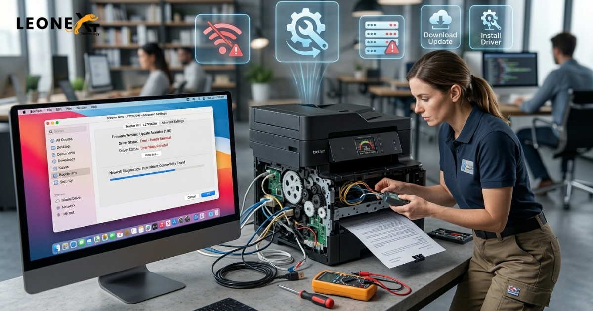 Technician troubleshooting a slow Brother printer using computer settings in a professional office workspace. 
