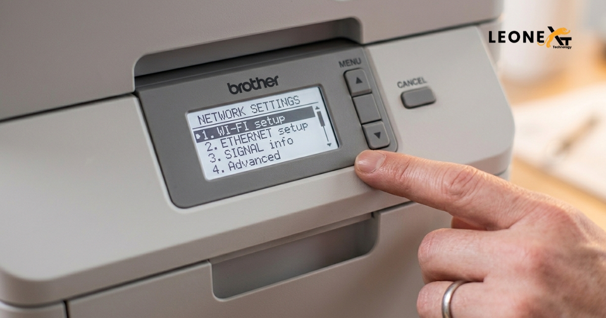 Brother printer control panel showing network and WLAN menu settings