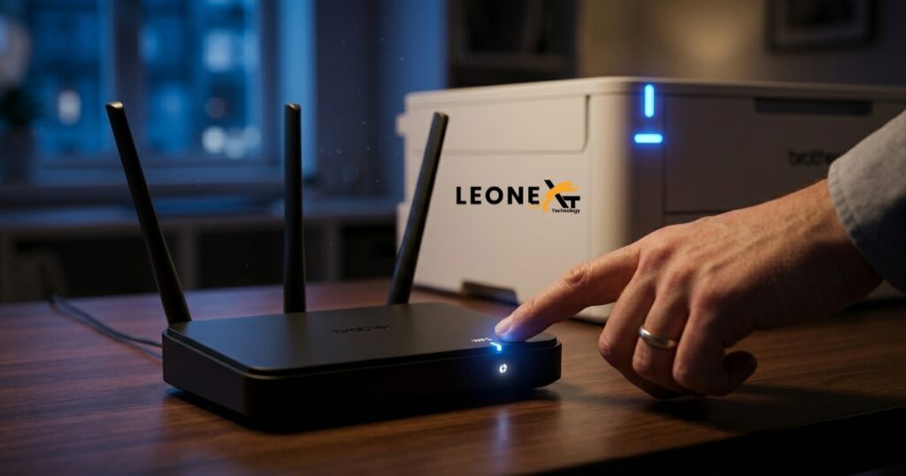 Pressing WPS button on router to connect Brother printer wirelessly