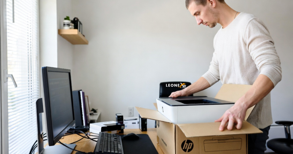HP printer unboxing and hardware setup process