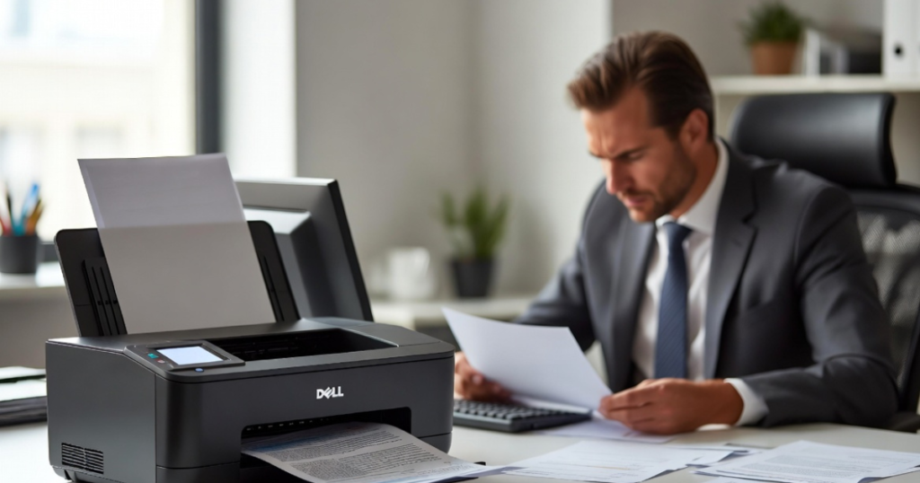 Dell printer slow printing issue in modern office with frustrated user checking documents and laptop setup