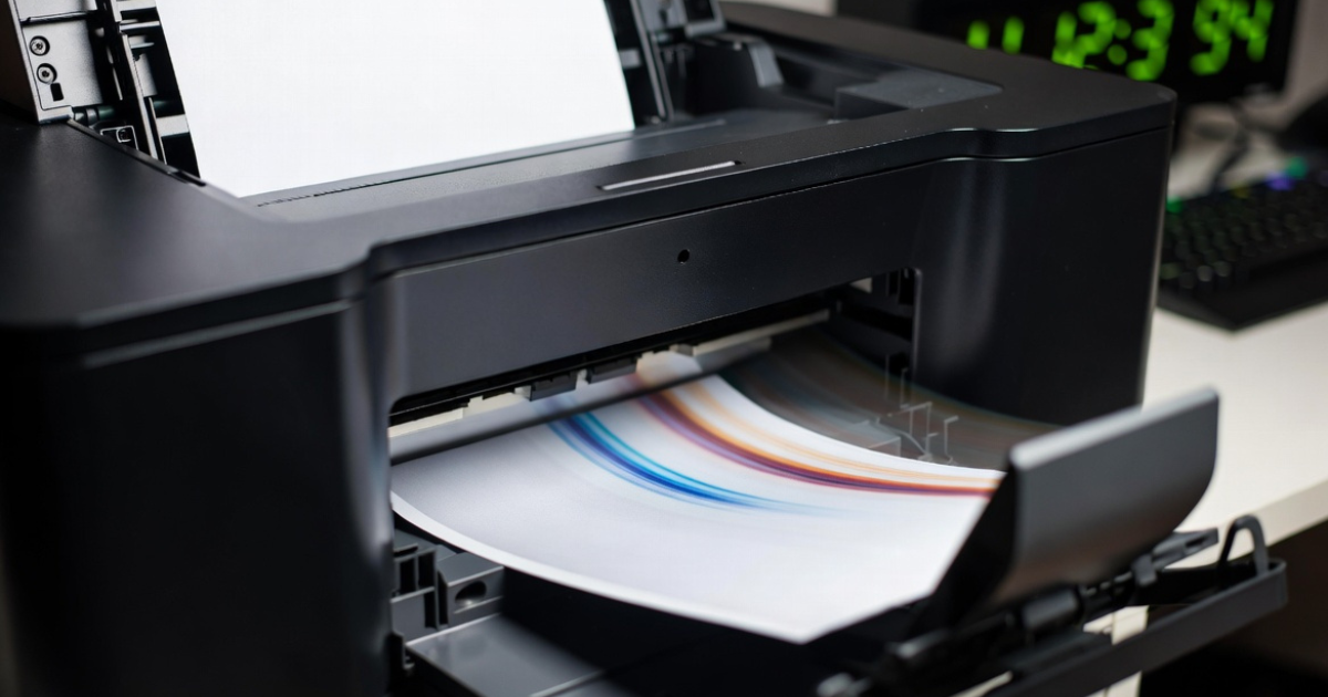 Close-up of Dell printer printing slowly with paper stuck halfway showing delay in printing speed