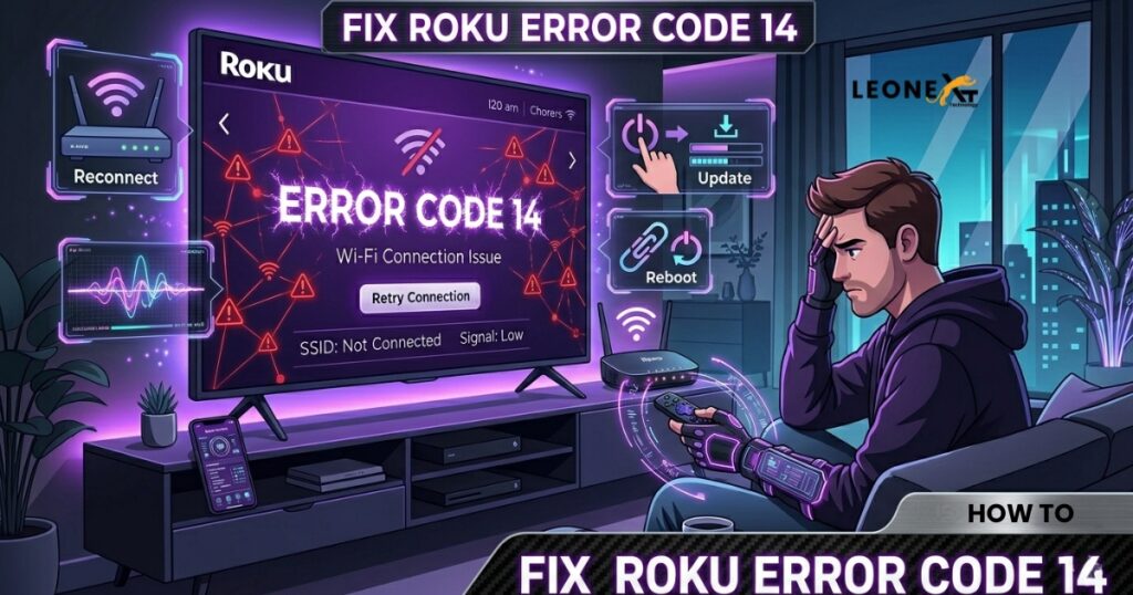 Smart TV showing Roku Error Code 14 with Wi-Fi troubleshooting setup.