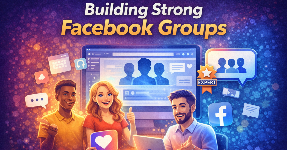 Illustration of people engaging in a Facebook group with expert badge, chat icons, and community interaction symbols. 