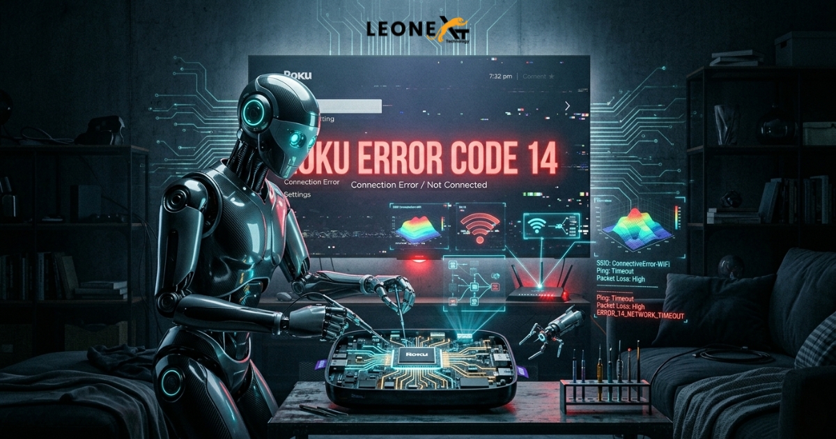 Futuristic illustration of Roku Error Code 14 network troubleshooting dashboard.