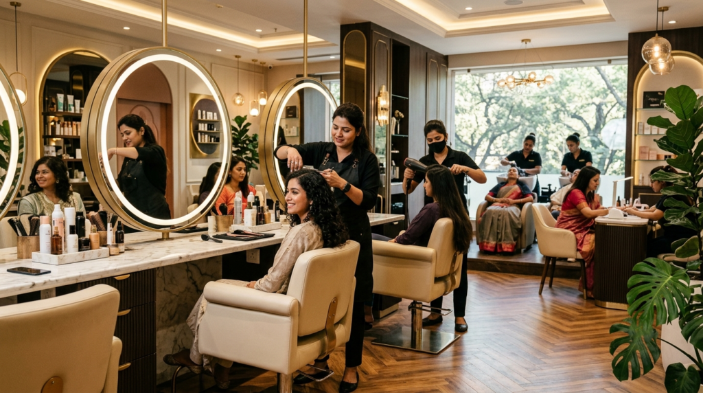 Modern premium beauty salon interior in Delhi with professional styling stations