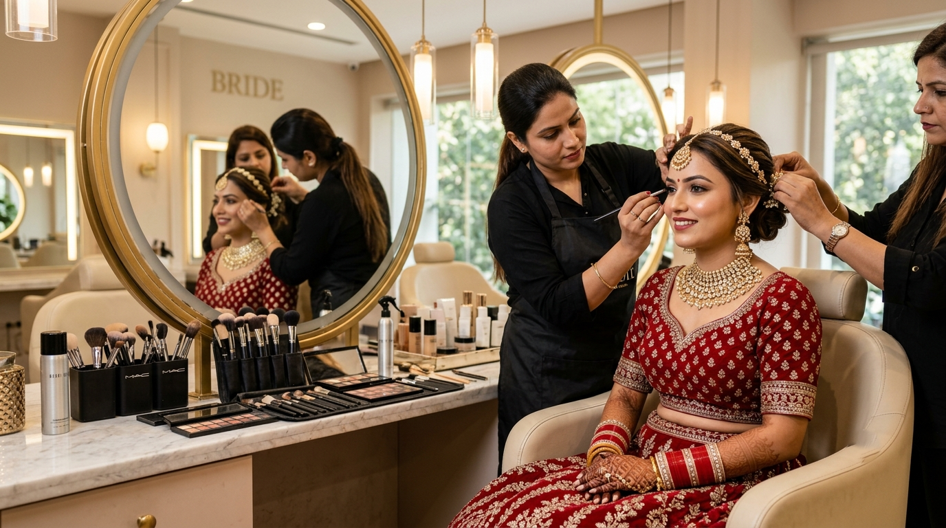 Professional hairstylist providing a hair styling service in a Delhi salon