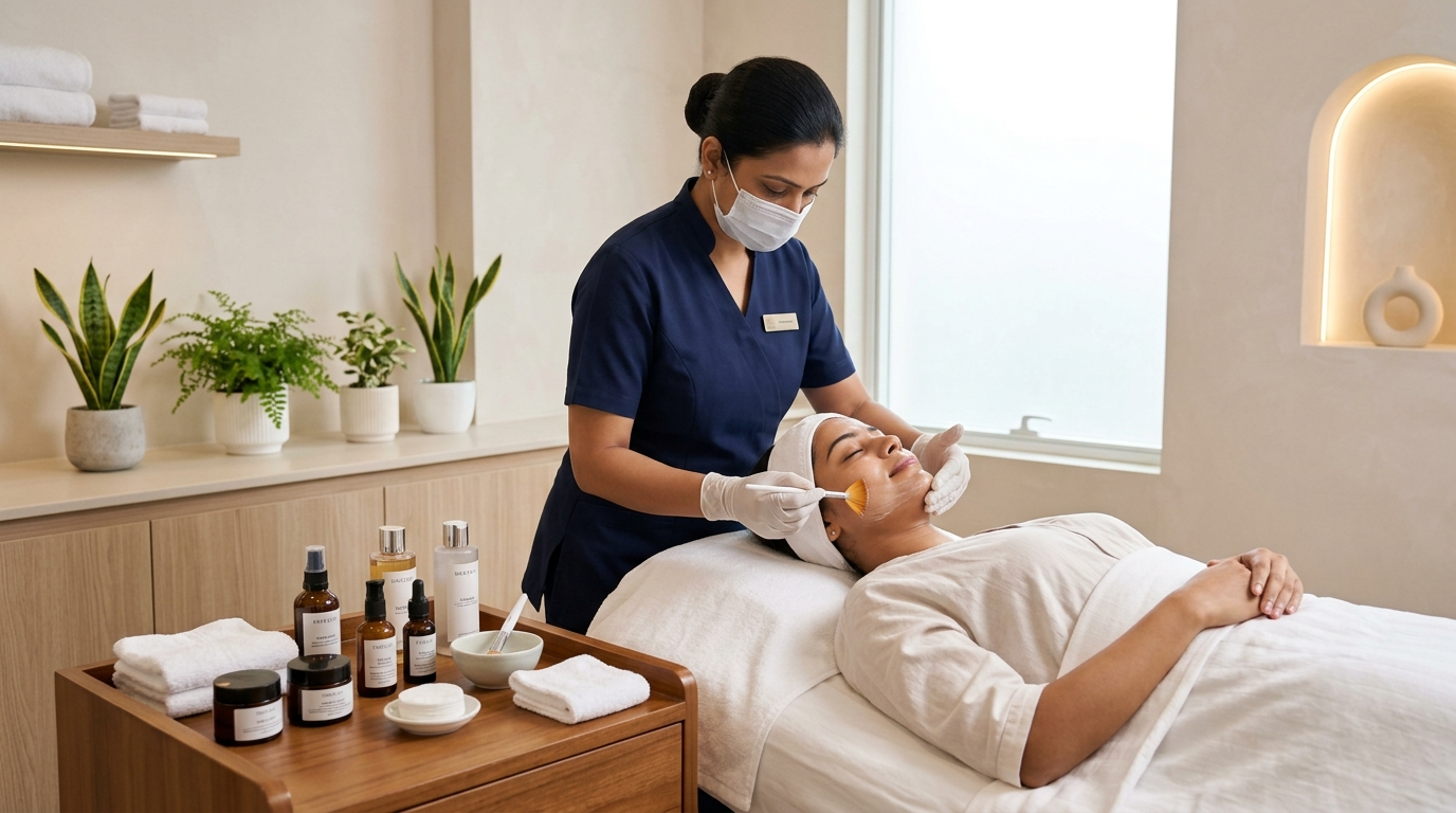 Professional facial and skincare treatment at a modern beauty salon in Delhi