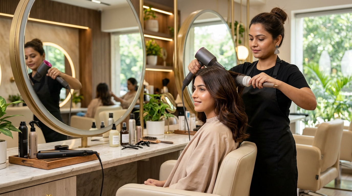 Indian bride receiving professional bridal makeup and hairstyling at a salon