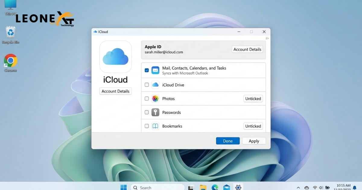 iCloud for Windows setup panel on Windows 11