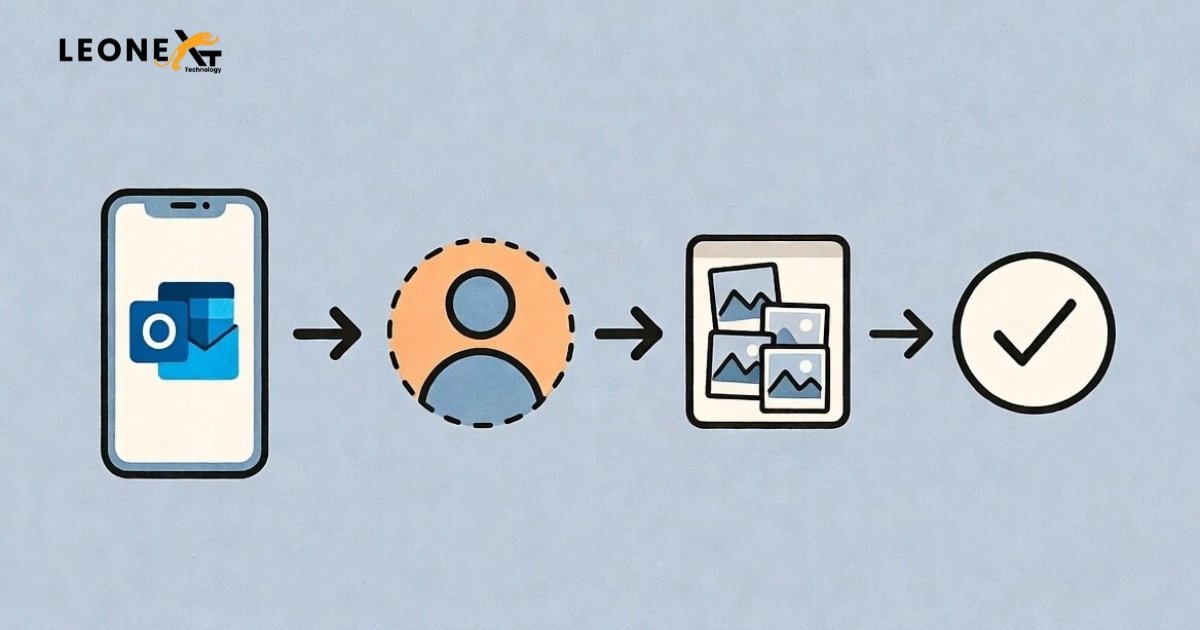 A four-step illustrated process graphic showing how to add a profile picture in Outlook on iPhone, from opening the app to confirming the photo selection.