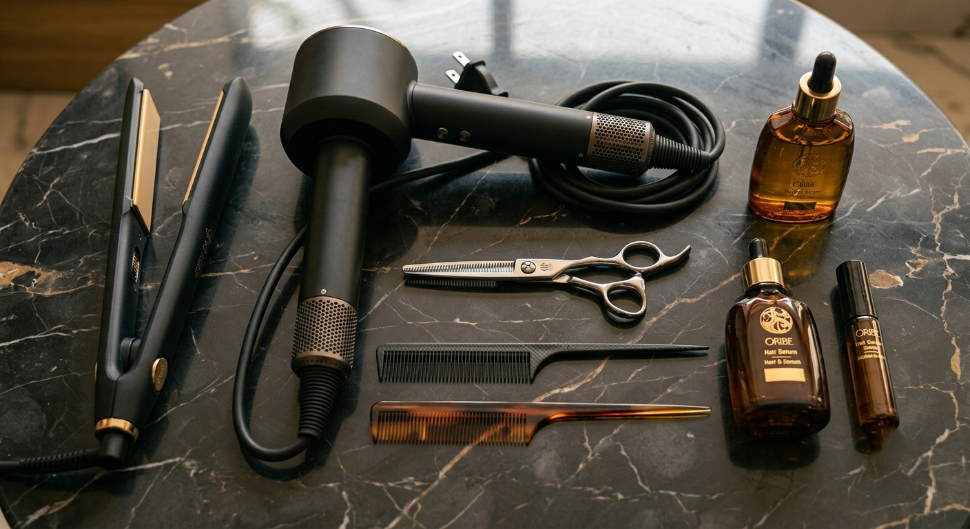 Flat lay of hair smoothening tools including ceramic flat iron blow dryer scissors and serum bottle