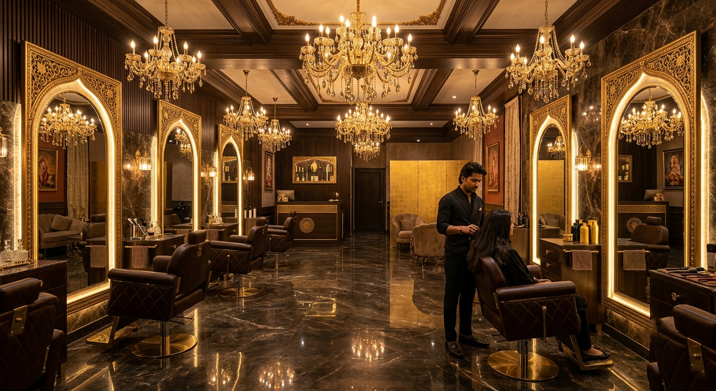 Elegant gold-accented salon interior of Geetanjali Salon in South Delhi with plush leather chairs