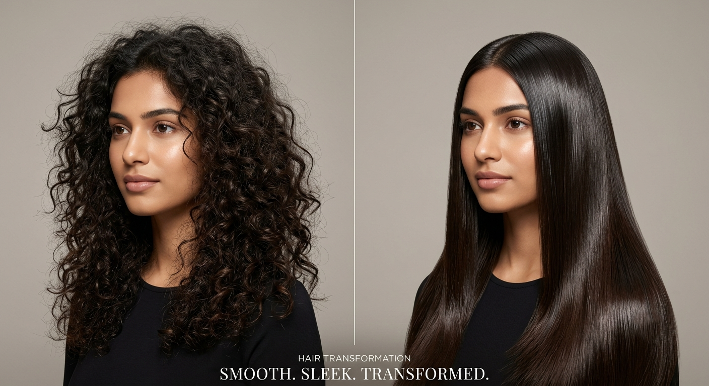 Before and after hair smoothening result comparing frizzy curly hair to sleek straight hair