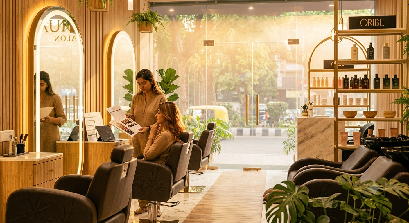 Sunlit boutique studio interior of Martina Wu hair salon in Malviya Nagar Delhi