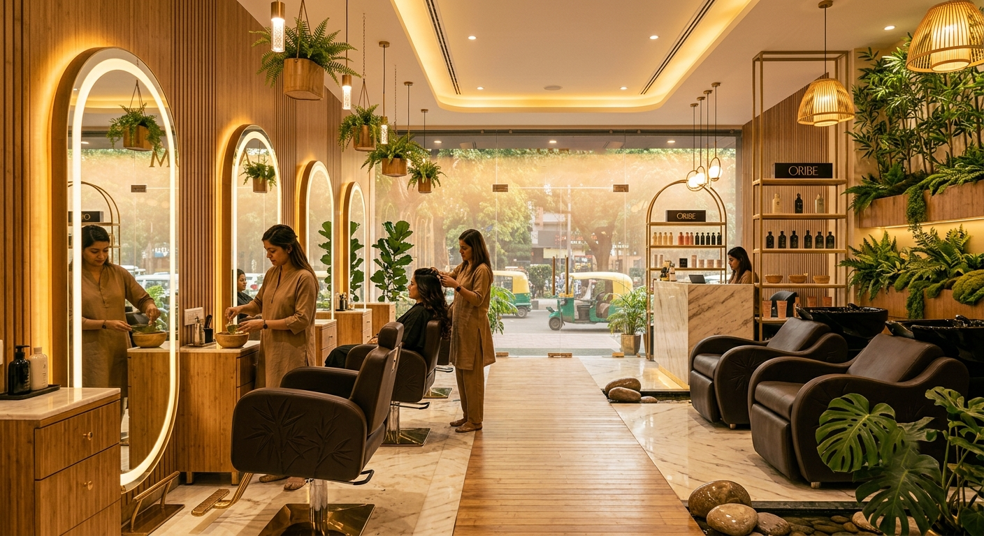 Spa-inspired interior of Monsoon Salon and Spa featuring natural bamboo wood accents and greenery
