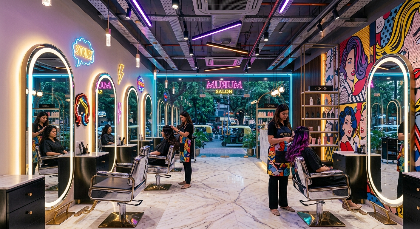 Modern edgy interior of BBLUNT hair salon in Greater Kailash II Delhi with chrome styling stations