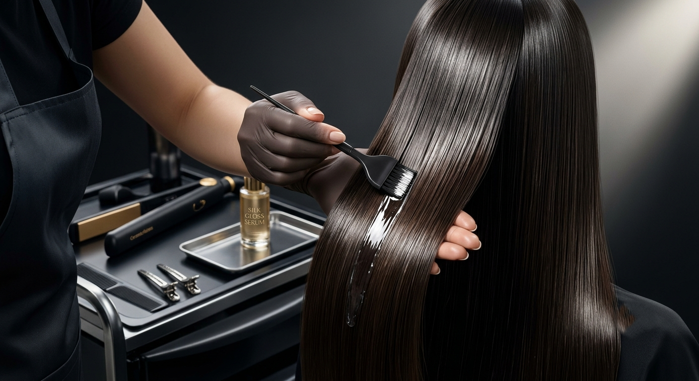 Professional hairstylist applying hair smoothening treatment to long dark hair at a Delhi salon