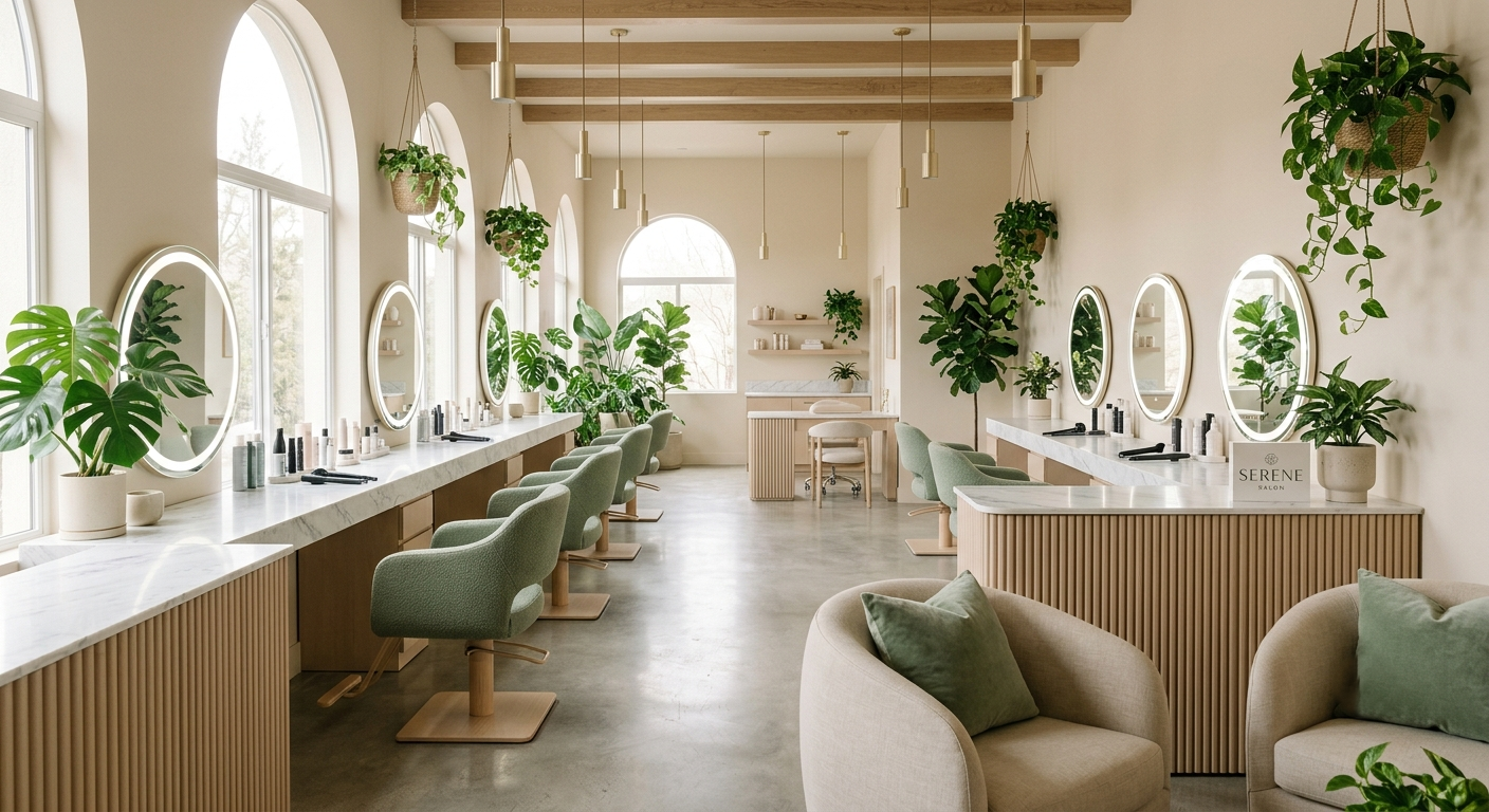 Serene interior of La Perle Salon in Delhi with pastel beige decor and round LED vanity mirrors